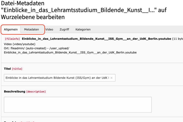 Stellen Sie sicher, dass Ihr Video mit allen wichtigen Informationen ausgestattet ist. Ergänzen Sie Titel, Beschreibungen und Alternativtexte direkt im Reiter Allgemein. Angaben zu Quellen und Urhebern können Sie im Bereich Metadaten hinzufügen.